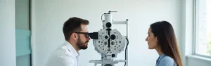 Esenyurt göz check up sürecinde foropter cihazıyla görme keskinliği testi uygulaması